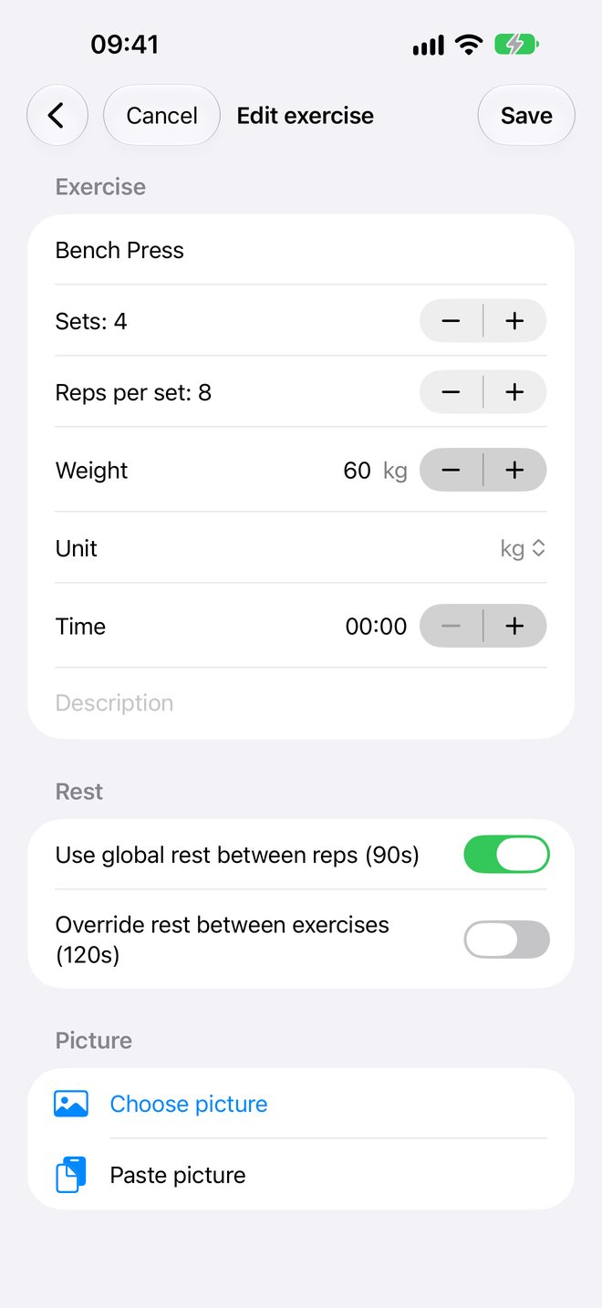 GymCrumbs exercise editor on iPhone with sets, reps, weight and rest settings